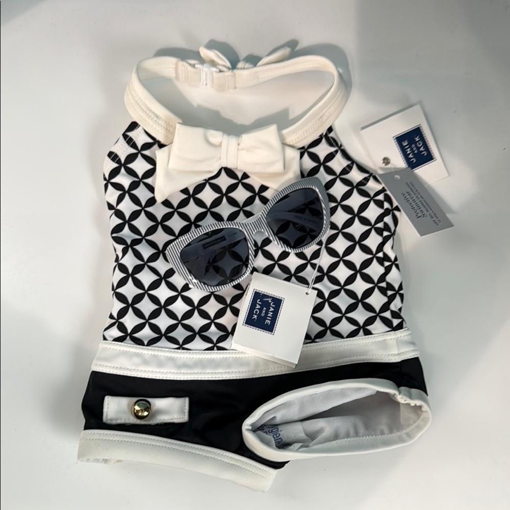Janie and Jack Black and White One Piece Swimsuit with sunglasses